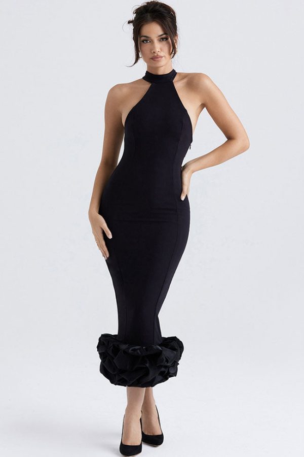 Sexy High Neck Sleeveless Bodycon Ruffle Cocktail Party Midi Dress - Black Sexy High Neck Sleeveless Bodycon Ruffle Cocktail Party Midi Dress - Black