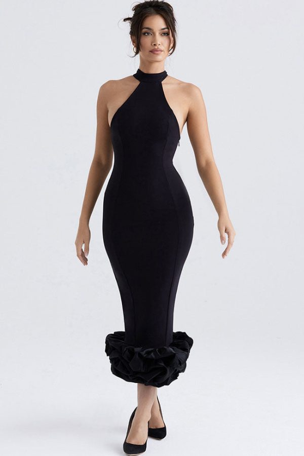 Sexy High Neck Sleeveless Bodycon Ruffle Cocktail Party Midi Dress - Black Sexy High Neck Sleeveless Bodycon Ruffle Cocktail Party Midi Dress - Black