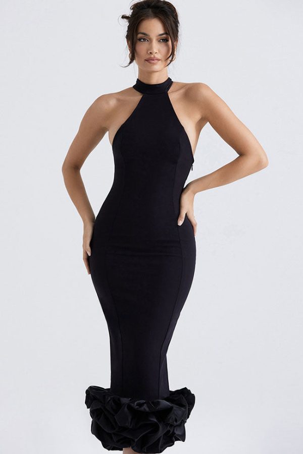 Sexy High Neck Sleeveless Bodycon Ruffle Cocktail Party Midi Dress - Black Sexy High Neck Sleeveless Bodycon Ruffle Cocktail Party Midi Dress - Black