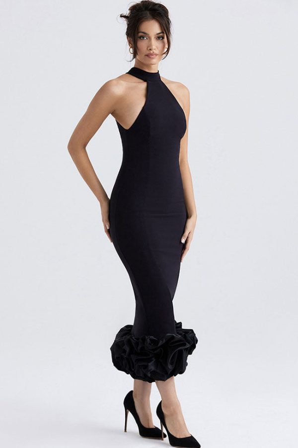 Sexy High Neck Sleeveless Bodycon Ruffle Cocktail Party Midi Dress - Black Sexy High Neck Sleeveless Bodycon Ruffle Cocktail Party Midi Dress - Black