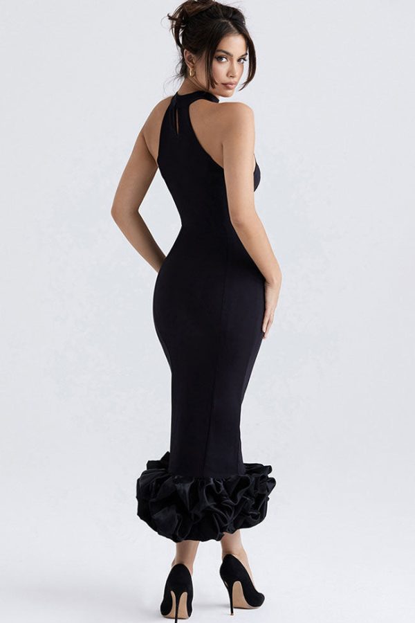 Sexy High Neck Sleeveless Bodycon Ruffle Cocktail Party Midi Dress - Black Sexy High Neck Sleeveless Bodycon Ruffle Cocktail Party Midi Dress - Black