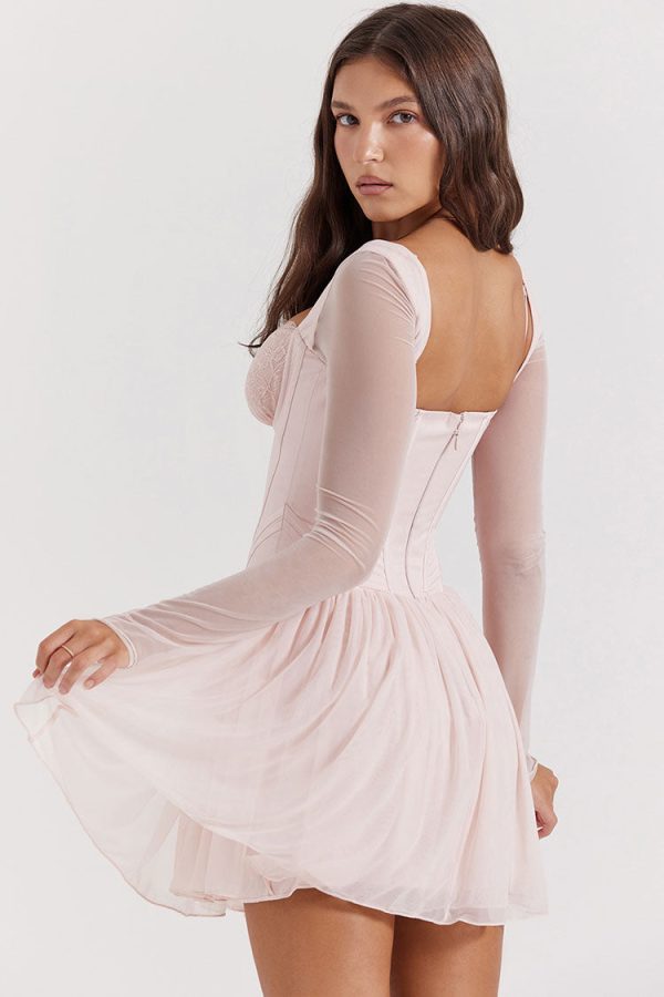 Sexy Lace Sweetheart Long Sleeve Drop Waist Corset Party Mini Dress - Pink Sexy Lace Sweetheart Long Sleeve Drop Waist Corset Party Mini Dress - Pink