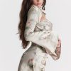 Sexy Printed High Neck Cutout Draped Long Sleeve Satin Mini Dress - Floral Sexy Printed High Neck Cutout Draped Long Sleeve Satin Mini Dress - Floral
