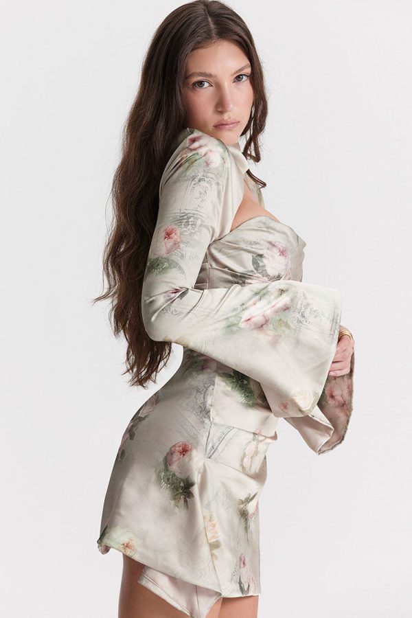 Sexy Printed High Neck Cutout Draped Long Sleeve Satin Mini Dress - Floral Sexy Printed High Neck Cutout Draped Long Sleeve Satin Mini Dress - Floral