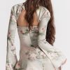 Sexy Printed High Neck Cutout Draped Long Sleeve Satin Mini Dress - Floral Sexy Printed High Neck Cutout Draped Long Sleeve Satin Mini Dress - Floral