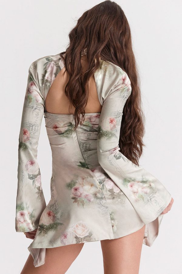 Sexy Printed High Neck Cutout Draped Long Sleeve Satin Mini Dress - Floral Sexy Printed High Neck Cutout Draped Long Sleeve Satin Mini Dress - Floral