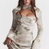 Sexy Printed High Neck Cutout Draped Long Sleeve Satin Mini Dress - Floral Sexy Printed High Neck Cutout Draped Long Sleeve Satin Mini Dress - Floral