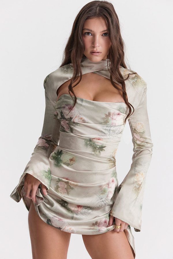 Sexy Printed High Neck Cutout Draped Long Sleeve Satin Mini Dress - Floral Sexy Printed High Neck Cutout Draped Long Sleeve Satin Mini Dress - Floral