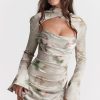 Sexy Printed High Neck Cutout Draped Long Sleeve Satin Mini Dress - Floral Sexy Printed High Neck Cutout Draped Long Sleeve Satin Mini Dress - Floral