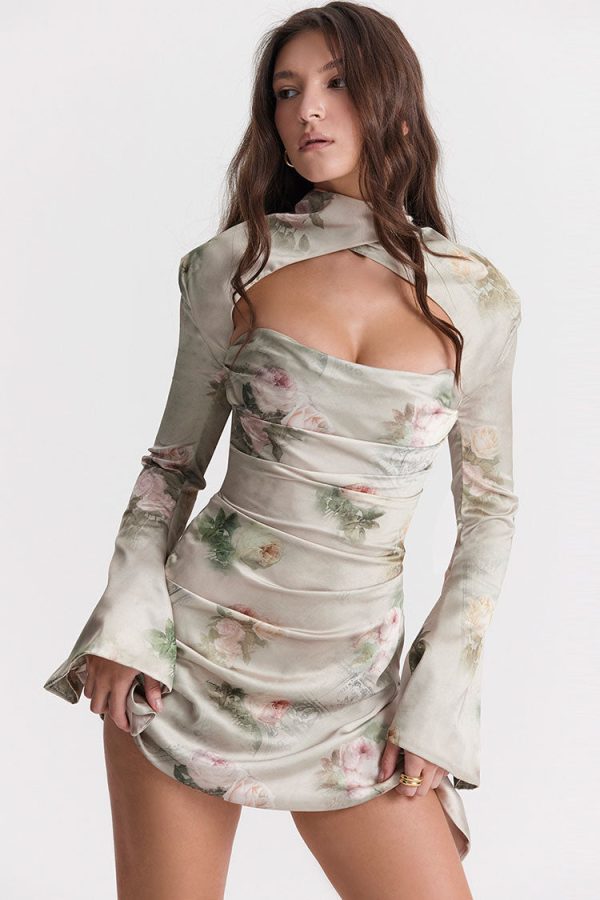 Sexy Printed High Neck Cutout Draped Long Sleeve Satin Mini Dress - Floral Sexy Printed High Neck Cutout Draped Long Sleeve Satin Mini Dress - Floral