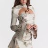 Sexy Printed High Neck Cutout Draped Long Sleeve Satin Mini Dress - Floral Sexy Printed High Neck Cutout Draped Long Sleeve Satin Mini Dress - Floral