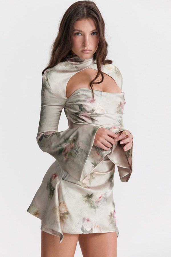 Sexy Printed High Neck Cutout Draped Long Sleeve Satin Mini Dress - Floral Sexy Printed High Neck Cutout Draped Long Sleeve Satin Mini Dress - Floral