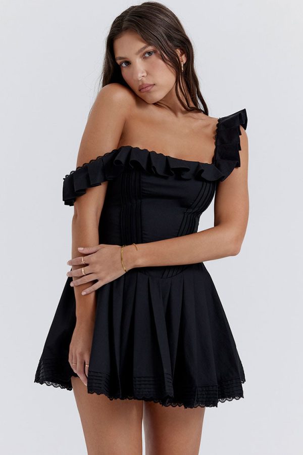 Sexy Ruffle Square Neck Frilled Fit and Flare Drop Waist Summer Mini Sundress - Black Sexy Ruffle Square Neck Frilled Fit and Flare Drop Waist Summer Mini Sundress - Black