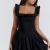 Sexy Ruffle Square Neck Frilled Fit and Flare Drop Waist Summer Mini Sundress - Black Sexy Ruffle Square Neck Frilled Fit and Flare Drop Waist Summer Mini Sundress - Black