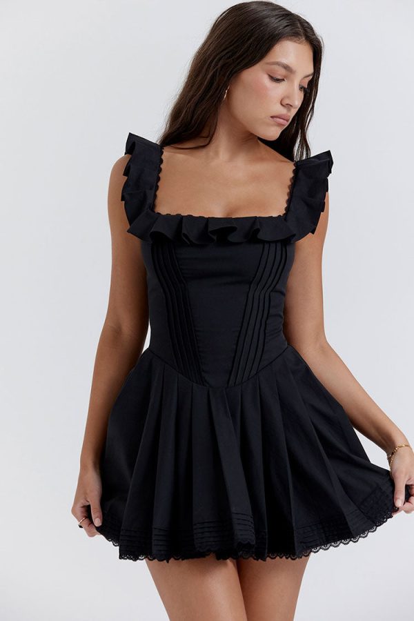Sexy Ruffle Square Neck Frilled Fit and Flare Drop Waist Summer Mini Sundress - Black Sexy Ruffle Square Neck Frilled Fit and Flare Drop Waist Summer Mini Sundress - Black