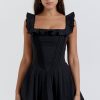 Sexy Ruffle Square Neck Frilled Fit and Flare Drop Waist Summer Mini Sundress - Black Sexy Ruffle Square Neck Frilled Fit and Flare Drop Waist Summer Mini Sundress - Black