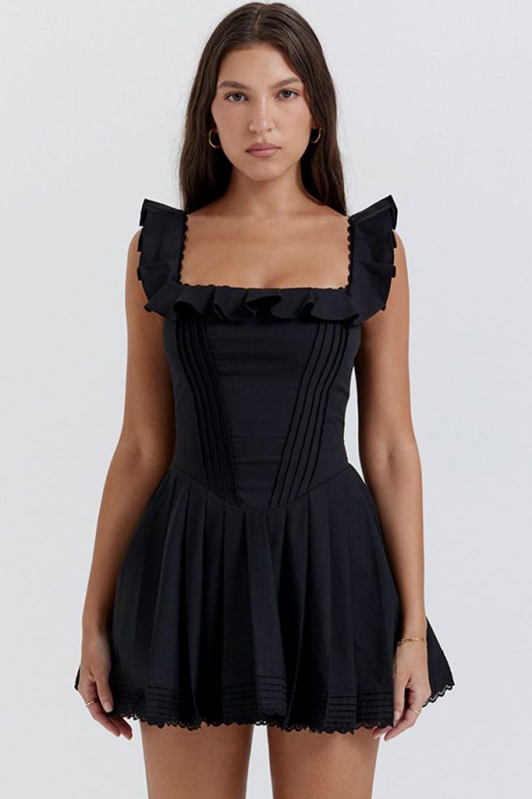 Sexy Ruffle Square Neck Frilled Fit and Flare Drop Waist Summer Mini Sundress - Black Sexy Ruffle Square Neck Frilled Fit and Flare Drop Waist Summer Mini Sundress - Black