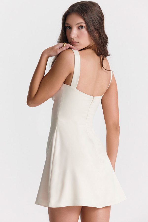 Sexy Satin Square Neck Suspender Strap Summer Party Mini Dress - Beige White Sexy Satin Square Neck Suspender Strap Summer Party Mini Dress - Beige White