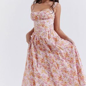 Sexy Square Neck Button Down Lace Up Fit & Flare Printed Midi Sundress - Floral