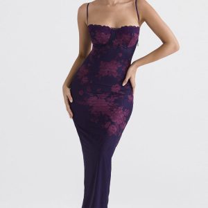 Sexy Sweetheart Bodycon Lace Mesh Sleeveless Printed Maxi Dress - Floral