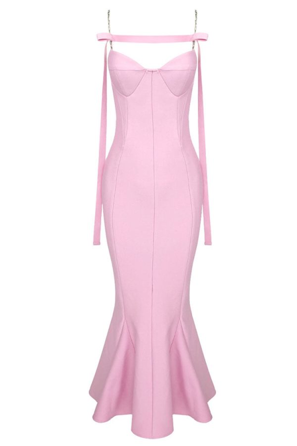 Sexy Sweetheart Chain Strap Bandage Fishtail Cocktail Party Midi Dress - Pink Sexy Sweetheart Chain Strap Bandage Fishtail Cocktail Party Midi Dress - Pink