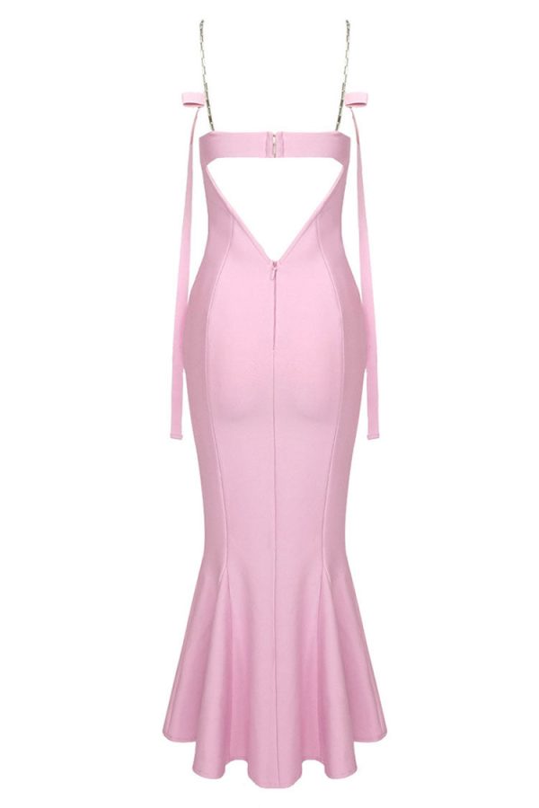 Sexy Sweetheart Chain Strap Bandage Fishtail Cocktail Party Midi Dress - Pink Sexy Sweetheart Chain Strap Bandage Fishtail Cocktail Party Midi Dress - Pink