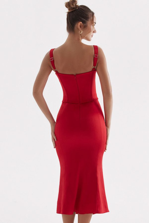 Sexy Tie Neck Lace Up Satin Corset Cocktail Party Midi Dress - Red Sexy Tie Neck Lace Up Satin Corset Cocktail Party Midi Dress - Red