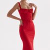 Sexy Tie Neck Lace Up Satin Corset Cocktail Party Midi Dress - Red Sexy Tie Neck Lace Up Satin Corset Cocktail Party Midi Dress - Red