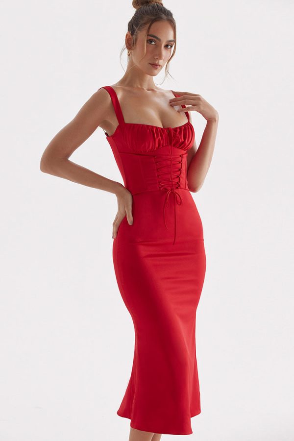 Sexy Tie Neck Lace Up Satin Corset Cocktail Party Midi Dress - Red Sexy Tie Neck Lace Up Satin Corset Cocktail Party Midi Dress - Red