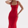 Sexy Tie Neck Lace Up Satin Corset Cocktail Party Midi Dress - Red Sexy Tie Neck Lace Up Satin Corset Cocktail Party Midi Dress - Red