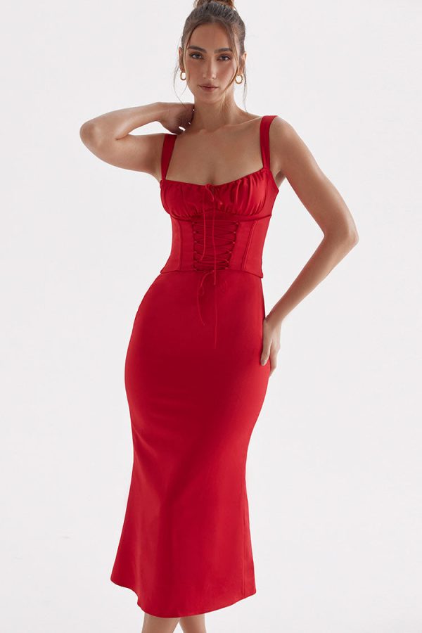 Sexy Tie Neck Lace Up Satin Corset Cocktail Party Midi Dress - Red Sexy Tie Neck Lace Up Satin Corset Cocktail Party Midi Dress - Red