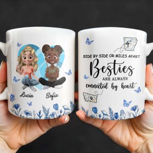 Side By Side Or Miles Apart, Besties Are Always Connected By Heart, Butterflies and Flowers - Personalized Custom Coffee Mug - BST168_MG