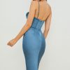 Silky Cowl Neck Corset Satin Midi Cocktail Dress - Blue Silky Cowl Neck Corset Satin Midi Cocktail Dress - Blue