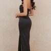 Silky High Slit Strapless Ruched Satin Maxi Dress - Black Silky High Slit Strapless Ruched Satin Maxi Dress - Black