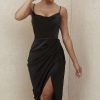 Silky Satin Cowl Neck High Slit Cocktail Party Midi Dress - Black Silky Satin Cowl Neck High Slit Cocktail Party Midi Dress - Black