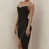 Silky Satin Cowl Neck High Slit Cocktail Party Midi Dress - Black Silky Satin Cowl Neck High Slit Cocktail Party Midi Dress - Black