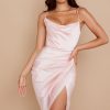 Silky Satin Cowl Neck High Slit Cocktail Party Midi Dress - Pink Silky Satin Cowl Neck High Slit Cocktail Party Midi Dress - Pink