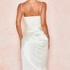 Silky Satin Cowl Neck High Slit Cocktail Party Midi Dress - White Silky Satin Cowl Neck High Slit Cocktail Party Midi Dress - White