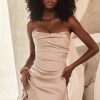 Silky Satin Pleated Trim Corset Strapless Party Mini Dress - Champagne Silky Satin Pleated Trim Corset Strapless Party Mini Dress - Champagne