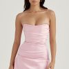 Silky Satin Pleated Trim Corset Strapless Party Mini Dress - Pink Silky Satin Pleated Trim Corset Strapless Party Mini Dress - Pink
