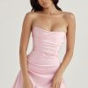 Silky Satin Pleated Trim Corset Strapless Party Mini Dress - Pink Silky Satin Pleated Trim Corset Strapless Party Mini Dress - Pink