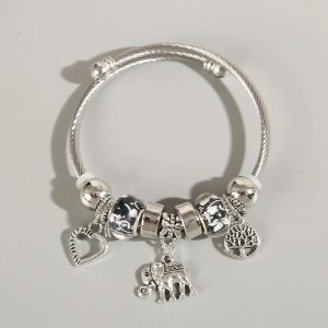 Silver Elephant and Heart Tree Charm Cuff Bracelet for Women