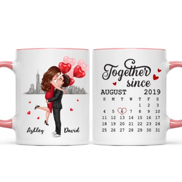 Skyline Doll Couple Hugging Kissing Calendar Anniversary Date Personalized Mug Skyline Doll Couple Hugging Kissing Calendar Anniversary Date Personalized Mug