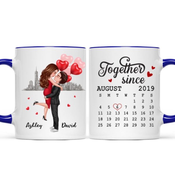 Skyline Doll Couple Hugging Kissing Calendar Anniversary Date Personalized Mug Skyline Doll Couple Hugging Kissing Calendar Anniversary Date Personalized Mug