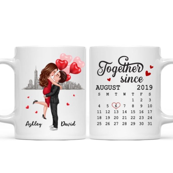 Skyline Doll Couple Hugging Kissing Calendar Anniversary Date Personalized Mug Skyline Doll Couple Hugging Kissing Calendar Anniversary Date Personalized Mug