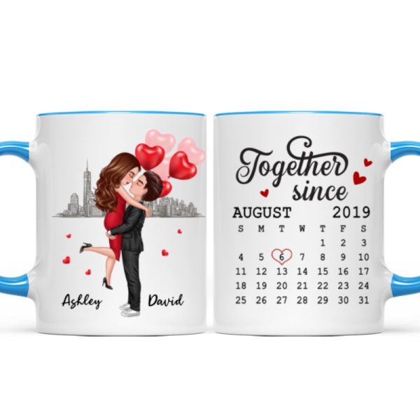 Skyline Doll Couple Hugging Kissing Calendar Anniversary Date Personalized Mug Skyline Doll Couple Hugging Kissing Calendar Anniversary Date Personalized Mug
