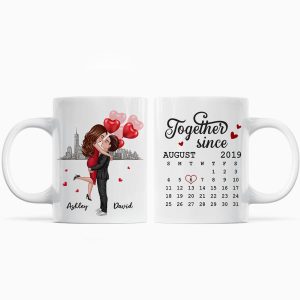 Skyline Doll Couple Hugging Kissing Calendar Anniversary Date Personalized Mug