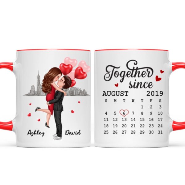 Skyline Doll Couple Hugging Kissing Calendar Anniversary Date Personalized Mug Skyline Doll Couple Hugging Kissing Calendar Anniversary Date Personalized Mug