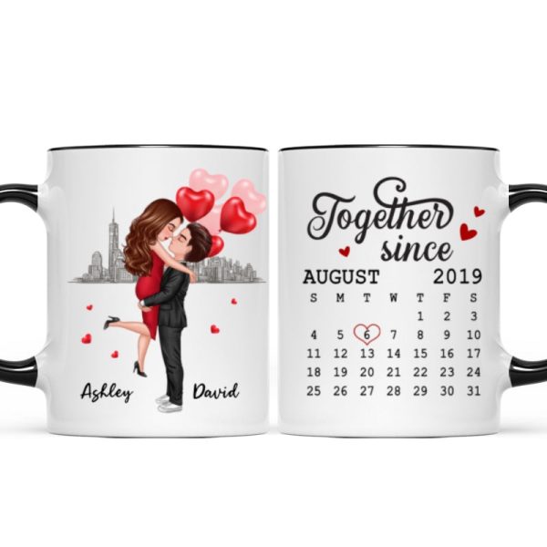 Skyline Doll Couple Hugging Kissing Calendar Anniversary Date Personalized Mug Skyline Doll Couple Hugging Kissing Calendar Anniversary Date Personalized Mug
