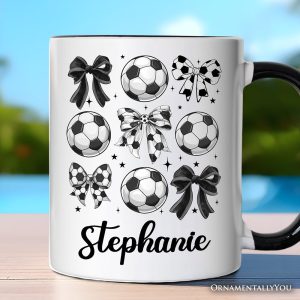 Soccer Balls Coquette Bows Personalized Mug, Sports Mom Tee Gift with Custom Name
